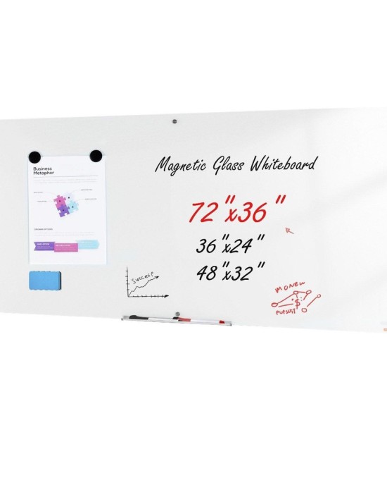 Large 72x36 Inch Magnetic Glass Whiteboard - Wall-Mounted Dry Erase Board with Marker Tray, Eraser & 2 Markers
