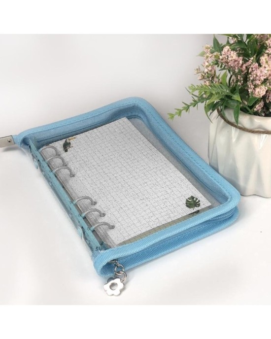 Cute Clear Zipper Binder Cover for A5/A6 Ins Style Planners - 6-Ring Loose Leaf Notebook with Pockets