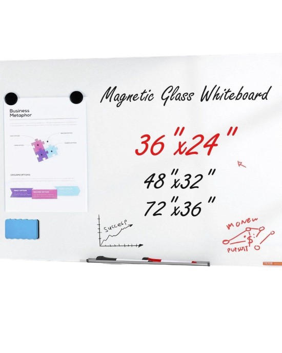 36x24 Inch Magnetic Glass Whiteboard - Frameless Dry Erase Board with Marker Tray for Office, Home & School